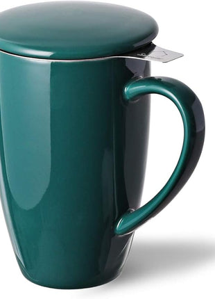 Sweejar Porcelain Tea Infuser Mug with Lid, 16 oz Teacup with Strainers for Loose Leaf Tea, Microwave and Dishwasher Safe Coffee Mug(New Jade)