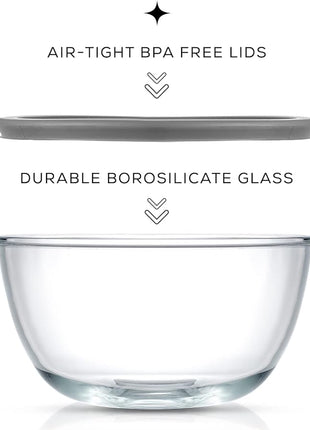 JoyJolt Kitchen Mixing Bowls - 8pc Glass with Lids Set – Neat Nesting Large Bowl Batter Cooking Storage and Big Salad BPA-Free Gray