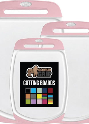 GORILLA GRIP BPA-Free Reversible Kitchen Cutting Board Set of 3, US Designed, Nonporous, Juice Grooves Catch Liquid, Slip Resistant Border, Dishwasher Safe, Durable Large Food Chopping Boards, Pink