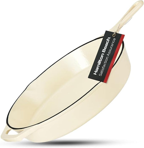 Hamilton Beach Enameled Cast Iron Fry Pan 12-Inch Cream, Cream Enamel Coating, Skillet Pan for Stove Top and Oven