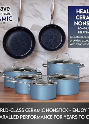 Nuwave Healthy Duralon Blue Ceramic Nonstick Cookware Set, Diamond Infused Scratch-Resistant, PFAS Free, Dishwasher & Oven Safe, Induction Ready & Evenly Heats, Tempered Glass Lids & Stay-Cool Handles