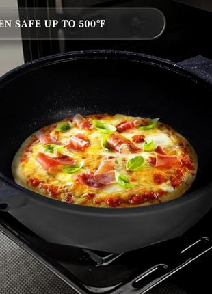 TIBORANG 8 in 1 Multipurpose 11 Inch 5 Quart Heat Indicator Nonstick Deep Frying Pan with Glass Lid, Stay-cool Handle, Steamed Grid, PFOA-Free,Dishwasher&Oven Safe,Works with All Stovetops (Black)