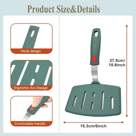 Silicone Spatula Turner, Omelette Egg Spatula Heat Resistant, Extra Wide Slotted Spatula for Cooking, Pancake Fish Spatulas Flipper for Nonstick Cookware Pan 600°F for Kitchen Use (Green)