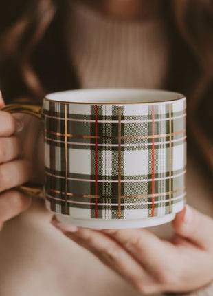 Sweet Water Decor Green Plaid Coffee Mug, 14oz China Christmas Mug with Gold Handle, Large Holiday Winter Cup for Coffee, Tea & Hot Chocolate, Stocking Stuffer Gifts for Women