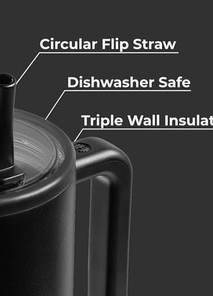 HydroJug Traveler - 32 oz Water Bottle with Handle & Flip Straw - Fits in Cup Holder, Leak Resistant Tumbler-Reusable Insulated Stainless Steel & Rubber Base - Gifts for Women & Men, Black