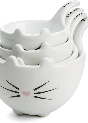 White Ceramic Cat Measuring Cups: Set of Cat Shaped Bowls - 1 Cup, 1/2 Cup, 1/3 Cup and 1/4 Cup