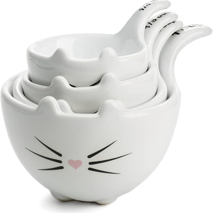 White Ceramic Cat Measuring Cups: Set of Cat Shaped Bowls - 1 Cup, 1/2 Cup, 1/3 Cup and 1/4 Cup