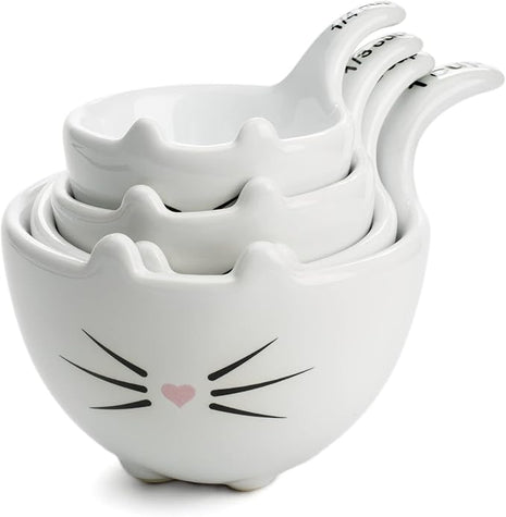White Ceramic Cat Measuring Cups: Set of Cat Shaped Bowls - 1 Cup, 1/2 Cup, 1/3 Cup and 1/4 Cup