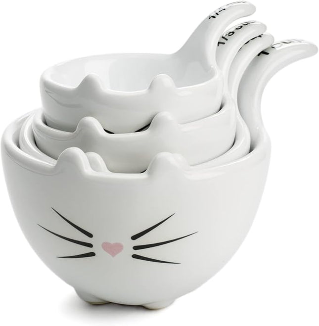 White Ceramic Cat Measuring Cups: Set of Cat Shaped Bowls - 1 Cup, 1/2 Cup, 1/3 Cup and 1/4 Cup