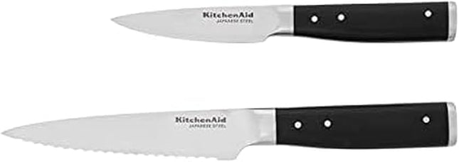 KitchenAid Gourmet 2 Piece Forged Triple Rivet Knife Set, 4.5 inch Fine Edge Utility Knife and 3.5 inch Paring Knife Set, Sharp Kitchen Knives, High Carbon Japanese Stainless Steel, Black