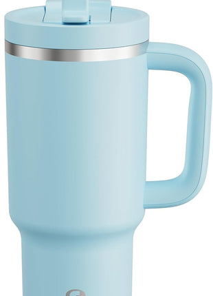 ENCOOL 32 oz Tumbler with Handle and Straw: Stainless Steel Insulated Tumbler Keeps Cold for 24 Hours, Leakproof Travel Cup Fits in Cup Holder and BPA-Free,Pewter Blue