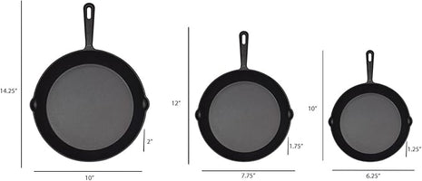 Jim Beam HEA Set of 3 Pre Seasoned Cast Iron Skillets with Even Distribution and Heat Retention-6" 8" 10", 10'', Black,JB0195