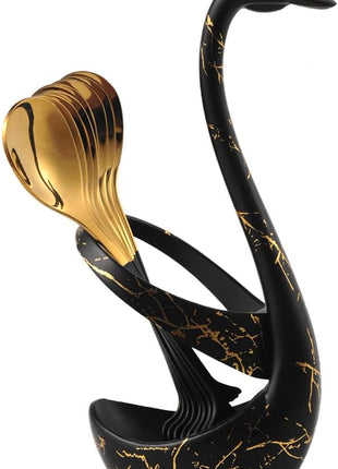 AnSaw Small Coffee Spoon Holder Set,Black Swan Base With 10 Pcs Black & Gold Demitasse Espresso Spoons Set,4.7" Mini Leaf Dessert Spoon,Stainless Steel Tea Spoons