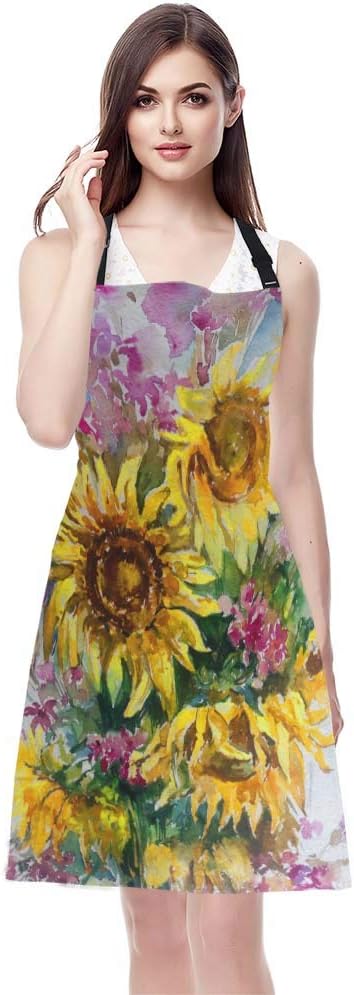 EKOBLA Sunflowers Aprons Abstract Bright Colored Floral Handmade Romantic Bouquet Nature Waterproof Resistant Chef Cooking Kitchen BBQ Adjustable Aprons for Women Men 27x31 Inch