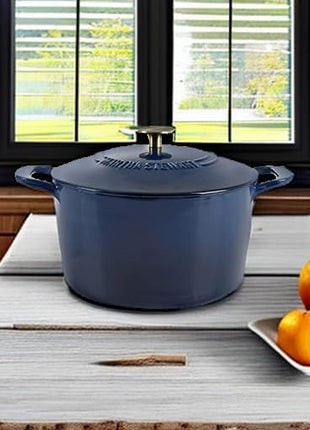 MARTHA STEWART Gatwick 7-Quart Enamel Cast Iron Dutch Oven Pot with Lid – Navy Blue with Gold Knob – Durable Heavy-Duty Dutch Oven for Slow Cooking & Braising