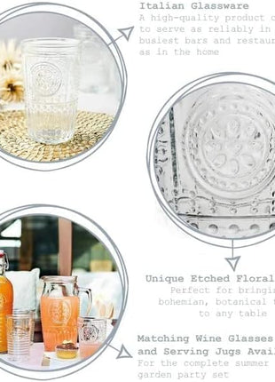 Bormioli Rocco Romantic Set Of 6 Cooler Glasses, 16 Oz. Clear Crystal Glass, Made In Italy.