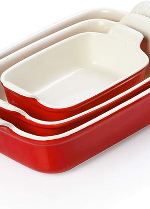 Sweejar Baking Pans Set, Ceramic 9x13 Baking Dish with Handle, Rectangular Casserole Dishes for Oven, Bakeware Sets of 3, Durable Lasagna Pan Deep for Kitchen, Banquet, Wedding Gift(Red)