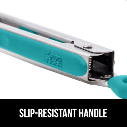 GORILLA GRIP Stainless Steel Heat Resistant Kitchen Tongs for Cooking, 9 + 12 Inch, Set of 2 BBQ Tong, Non Scratch Silicone Tip for Pan, Strong Grip, Grab Food, Salad, Air Fryer, Pull Lock, Turquoise