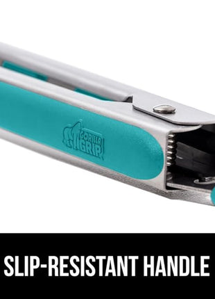 GORILLA GRIP Stainless Steel Heat Resistant Kitchen Tongs for Cooking, Set of 2 BBQ Tong, Non Scratch Silicone Tip for Pans, Strong Grip, Grab Food, Salad, Air Fryer, Pull Lock, 7 + 9 Inch, Turquoise