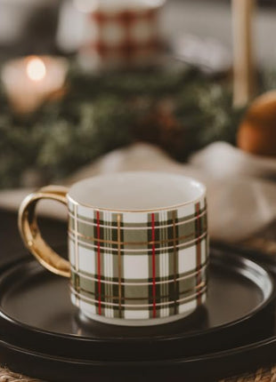 Sweet Water Decor Green Plaid Coffee Mug, 14oz China Christmas Mug with Gold Handle, Large Holiday Winter Cup for Coffee, Tea & Hot Chocolate, Stocking Stuffer Gifts for Women