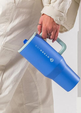 HydroJug Traveler - 32 oz Water Bottle with Handle & Flip Straw - Fits in Cup Holder, Leak Resistant Tumbler-Reusable Insulated Stainless Steel & Rubber Base - Gifts for Women & Men, Riptide