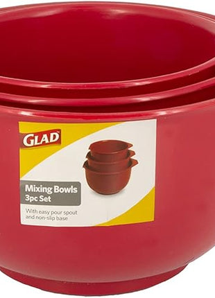 GLAD Mixing Bowls with Pour Spout, Set of 3 | Nesting Design Saves Space | Non-Slip, BPA Free, Dishwasher Safe Plastic | Kitchen Cooking and Baking Supplies, Red