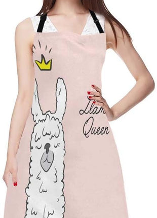 EKOBLA Llama Queen Aprons Alpaca Wearing Crown Funny Cute Animal Cartoon Waterproof Resistant Chef Cooking Kitchen BBQ Adjustable Aprons for Women Men 27x31 Inch