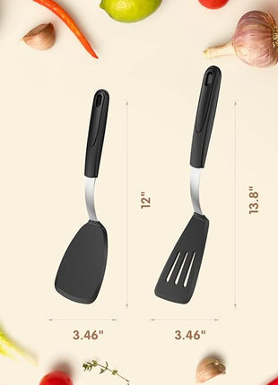 Silicone Spatula Turner Set of 2, GEEKHOM 600°F Heat Resistant Cooking Spatulas for Nonstick Cookware, Extra Large Flexible Kitchen Utensils BPA Free Rubber Spatulas for Pancake, Eggs, Fish, Black