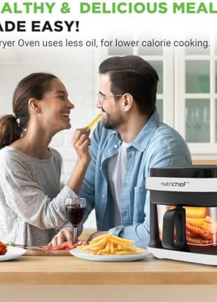 Nutrichef 5.8 Quart Air Fryer | 8-1 Preset Cook Modes | Transparent Fry Bowl for Best Cooking Results | Cook Shrimp, Steak, Fries, Wings, Chicken & More | Precise Temperature Control & Time | White