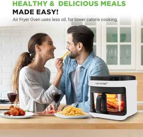 Nutrichef 5.8 Quart Air Fryer | 8-1 Preset Cook Modes | Transparent Fry Bowl for Best Cooking Results | Cook Shrimp, Steak, Fries, Wings, Chicken & More | Precise Temperature Control & Time | White