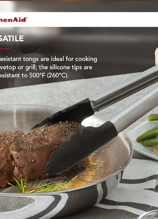 KitchenAid Silicone Tipped Stainless Steel Tongs, 12 Inch, Black