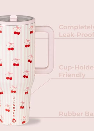 HydroJug Traveler - 40 oz Water Bottle with Handle & Flip Straw - Fits in Cup Holder, Leak Resistant Tumbler-Reusable Insulated Stainless Steel & Rubber Base - Gifts for Women & Men, Sweet Cherry