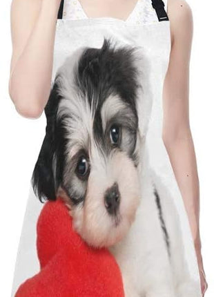 EKOBLA Puppy Dog With A Red Heart Aprons Cute Funny Adorable Animal Romantic Valentine's Day Waterproof Resistant Chef Cooking Kitchen BBQ Adjustable Aprons for Women Men 27x31 Inch