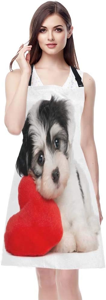 EKOBLA Puppy Dog With A Red Heart Aprons Cute Funny Adorable Animal Romantic Valentine's Day Waterproof Resistant Chef Cooking Kitchen BBQ Adjustable Aprons for Women Men 27x31 Inch