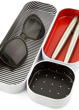 Three by Three Seattle 3 Piece Shallow Metal Organizer Tray Set for Storing Makeup, Stationery, Utensils, and More in Office Desk, Kitchen and Bathroom Drawers (1 Inch, Red Dots and Stripes)