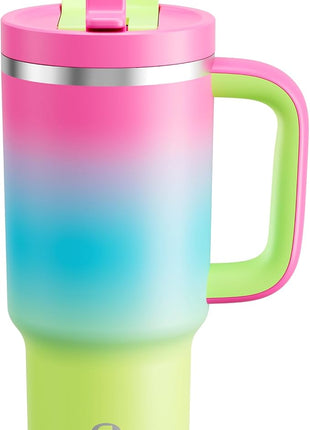 ENCOOL 32 oz Tumbler with Handle and Straw: Stainless Steel Insulated Tumbler Keeps Cold for 24 Hours, Leakproof Travel Cup Fits in Cup Holder and BPA-Free, Lime Sorbet