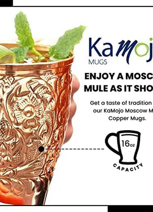 Moscow Mule Copper Mugs Set of 4 with Unique Handcrafted Embossed Design with Anti-Tarnish Food-Grade Coating - Copper Cups Gift Set with 4 Straws & Recipe E-Book, 16 oz