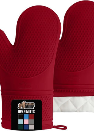 GORILLA GRIP BPA-Free Soft Silicone Oven Mitts, Heat Resistant and Waterproof Cooking Gloves, Thick Cotton Lining, Flexible Gripping Kitchen Potholders Set of 2, Christmas Kitchen Decor, 12.5x8.3, Red