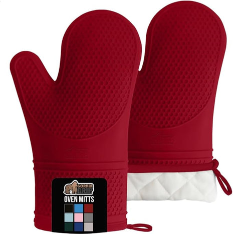 GORILLA GRIP BPA-Free Soft Silicone Oven Mitts, Heat Resistant and Waterproof Cooking Gloves, Thick Cotton Lining, Flexible Gripping Kitchen Potholders Set of 2, Christmas Kitchen Decor, 12.5x8.3, Red