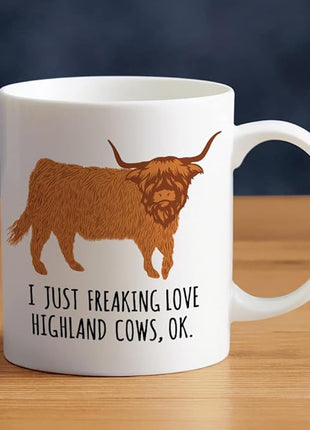 LOZACHE Highland Cow Coffee Mug, 11oz Highland Cattle Ceramic Mug Tea Milk Cup, Funny Gag Gift Ideas White Elephant for Adults Men Women Friends Cow Lovers