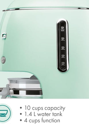 Smeg 50's Retro Style Aesthetic Drip Coffee Machine with 10 Cup Glass Carafe, Auto Start Feature, Keep Warm Plate, and Two Coffee Strength Settings (Pastel Green)
