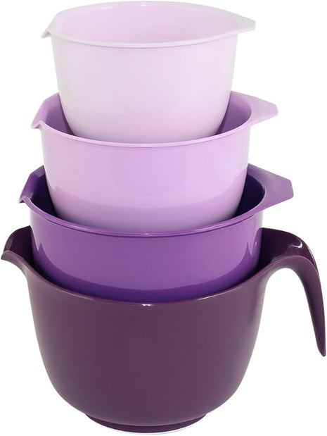 Glad Mixing Bowls with Pour Spout, Set of 4 - Nesting Plastic Bowls (1.2qt, 1.9qt, 2.8qt, and 3qt with Handle) - Non Slip Base, Dishwasher Safe Kitchen Cooking and Baking Supplies, Purple