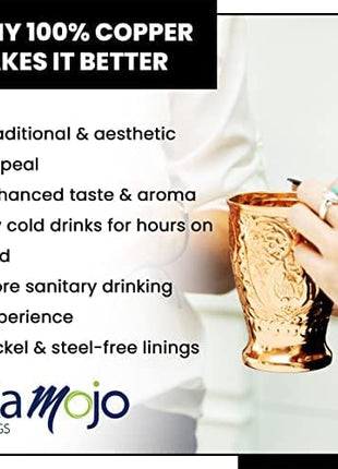 Moscow Mule Copper Mugs Set of 4 with Unique Handcrafted Embossed Design with Anti-Tarnish Food-Grade Coating - Copper Cups Gift Set with 4 Straws & Recipe E-Book, 16 oz