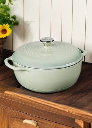 Lodge 6 Quart Enameled Cast Iron Dutch Oven with Lid – Dual Handles – Oven Safe up to 500° F or on Stovetop - Use to Marinate, Cook, Bake, Refrigerate and Serve – Desert Sage