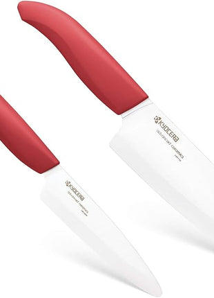 Kyocera Revolution Series 2-Piece Ceramic Knife Set: 5.5-inch Santoku Knife and a 4.5-inch Utility Knife, Red Handles with White Blades