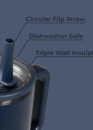 HydroJug Traveler - 40 oz Water Bottle with Handle & Flip Straw - Fits in Cup Holder, Leak Resistant Tumbler-Reusable Insulated Stainless Steel & Rubber Base - Gifts for Women & Men, Midnight