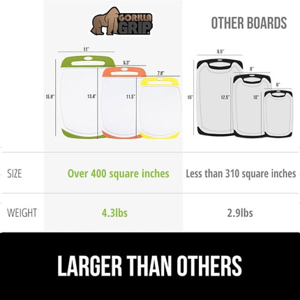 GORILLA GRIP BPA-Free Reversible Kitchen Cutting Board Set of 3 US Designed, Nonporous, Juice Grooves Catch Liquid, Slip Resistant Border, Dishwasher Safe Large Food Chopping Boards, Lime Orange Lemon