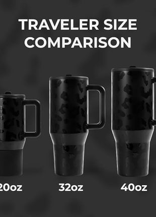 HydroJug Traveler - 40 oz Water Bottle with Handle & Flip Straw - Fits in Cup Holder, Leak Resistant Tumbler-Reusable Insulated Stainless Steel & Rubber Base - Gifts for Women & Men, Black Leopard