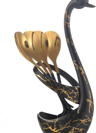 AnSaw Small Coffee Spoon Holder Set,Black Swan Base With 10 Pcs Black & Gold Demitasse Espresso Spoons Set,4.7" Mini Leaf Dessert Spoon,Stainless Steel Tea Spoons