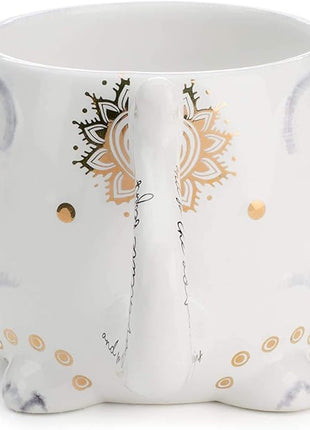 VOTUM Elephant Ceramic Coffee or Tea Mug - Animal Shaped Cup with Hand Printed Designs Saying “And So the Adventure Begins” - Cute Handmade Gift for Men or Women Elephant Lovers – 18.6 Fluid Ounce